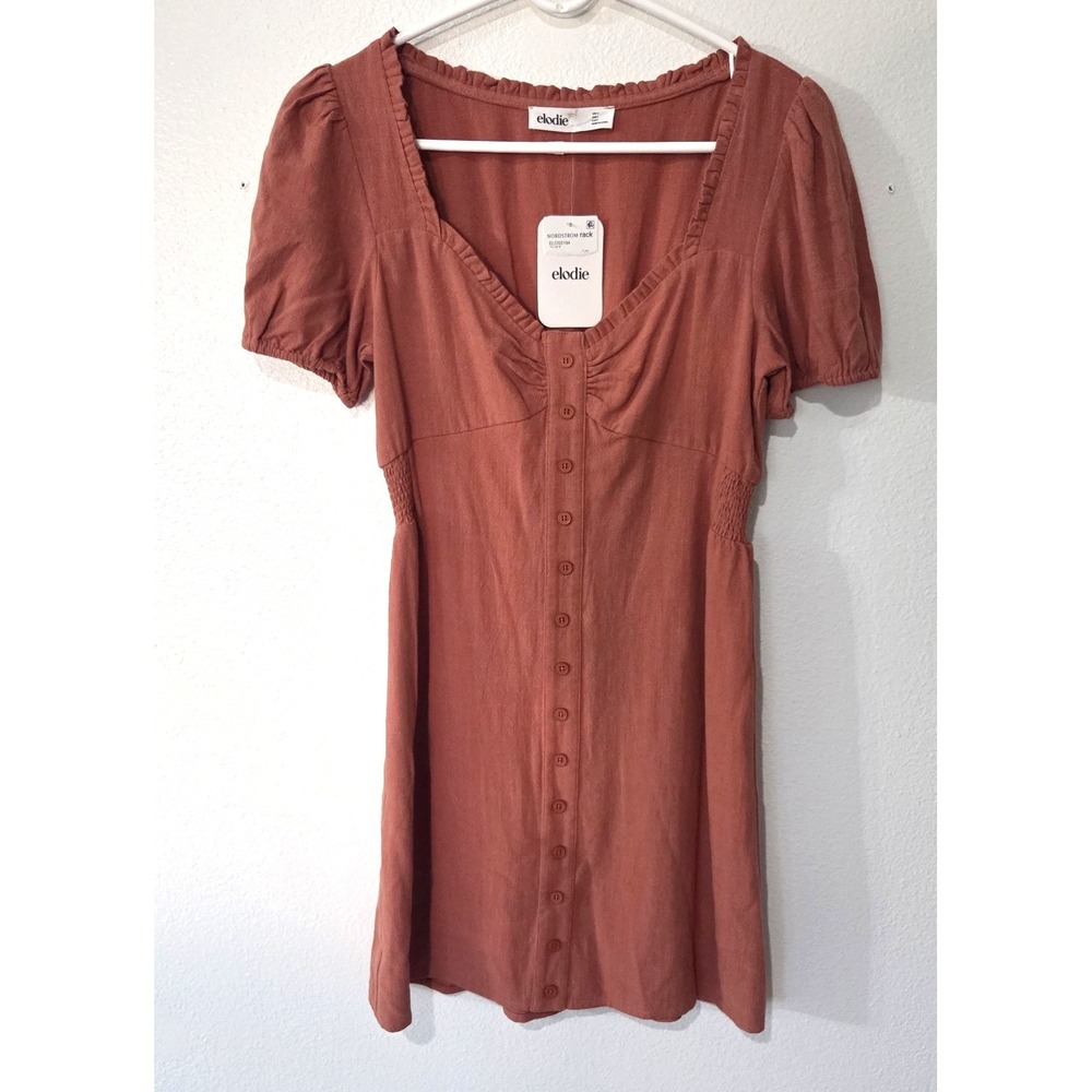 Elodie Womens Dress Small Orange Linen Milkmaid Puff Sleeve Lined NWT